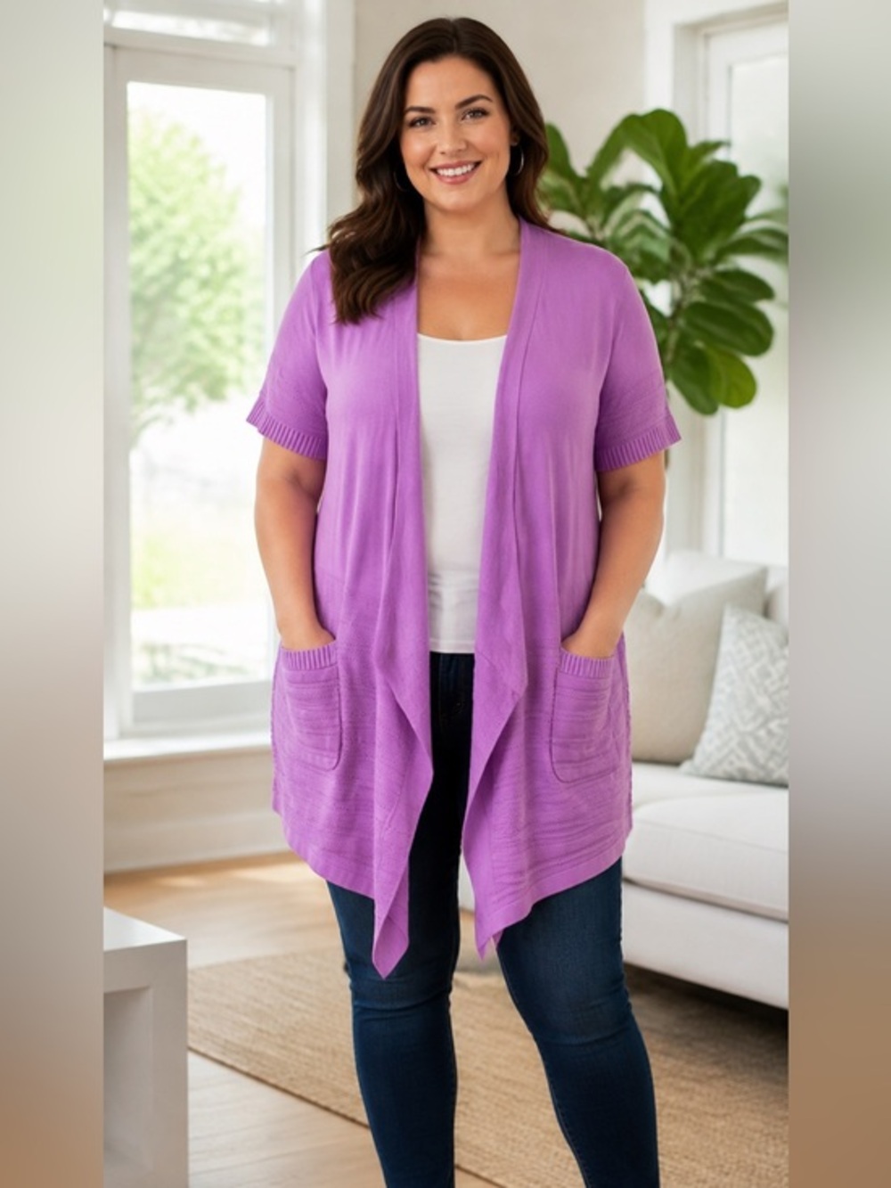 Isaac Mizrahi Live Purple pink Open Front Cardigan Tunic Size Large